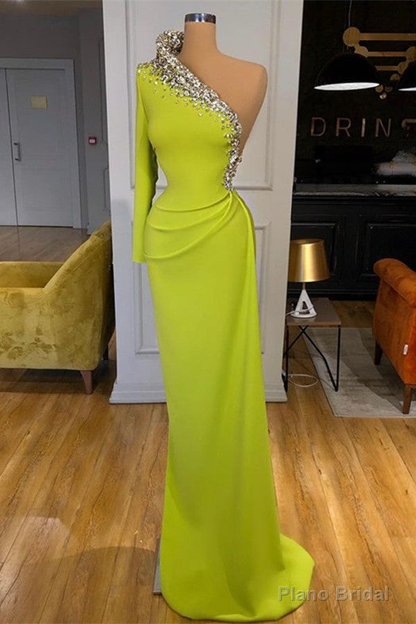 Yellow Green Long Sleeves One Shoulder Prom Dress Mermaid With Beads Main image