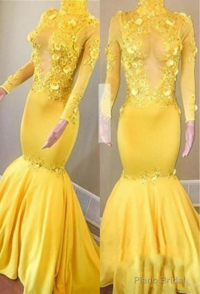 Yellow High Neck Flower Appliques Mermaid Long Sleevess Prom Dresses Secondary image