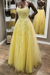 Yellow Lace Backless A Line Long Formal Prom Dress Open Back Formal Dress Yellow Evening Dress