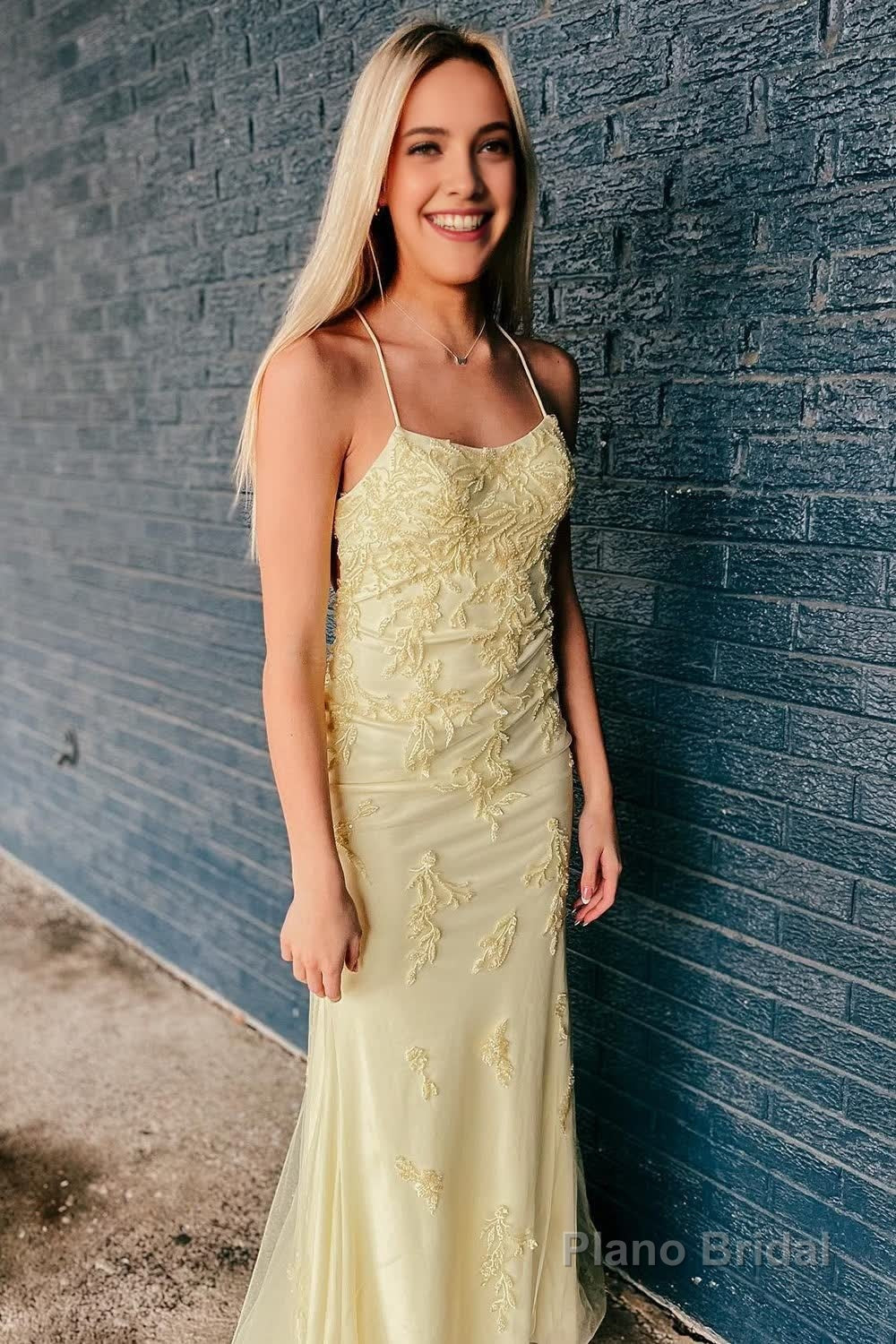 Yellow Lace-Up Mermaid Prom Dress with Appliques Main image