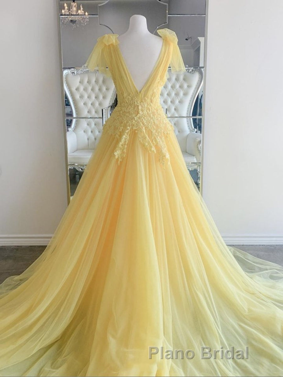 Yellow Long A-line V Neck Lace Tulle Backless Formal Graduation Formal Prom Dresses Secondary image