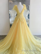 Yellow Long A-line V Neck Lace Tulle Backless Formal Graduation Formal Prom Dresses