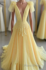 Yellow Long A-line V Neck Lace Tulle Backless Formal Graduation Formal Prom Dresses