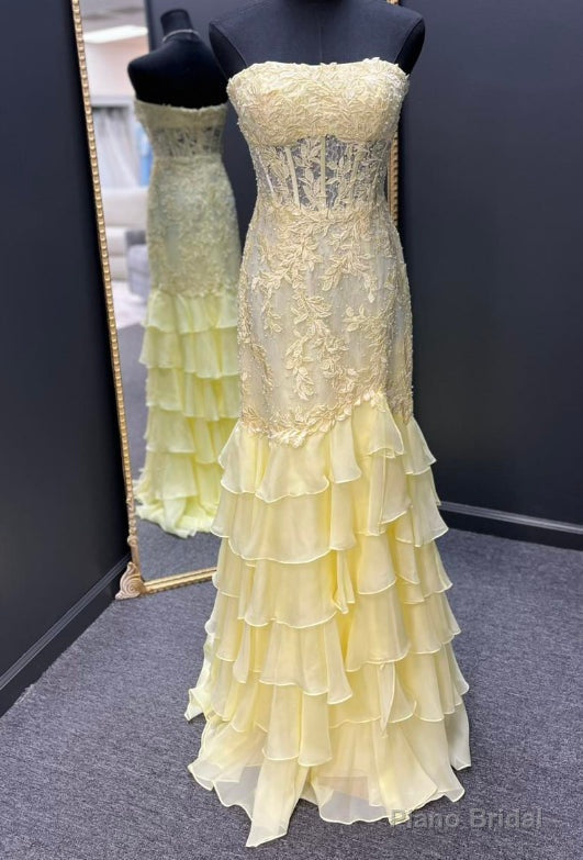 Yellow Long Prom Dresses with Lace Top and Chiffon Ruffle Skirt Main image
