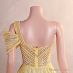 Yellow Off Shoulder Mermaid Prom Dresses Luxurious Silver Bead Trumpet Formal Dresses