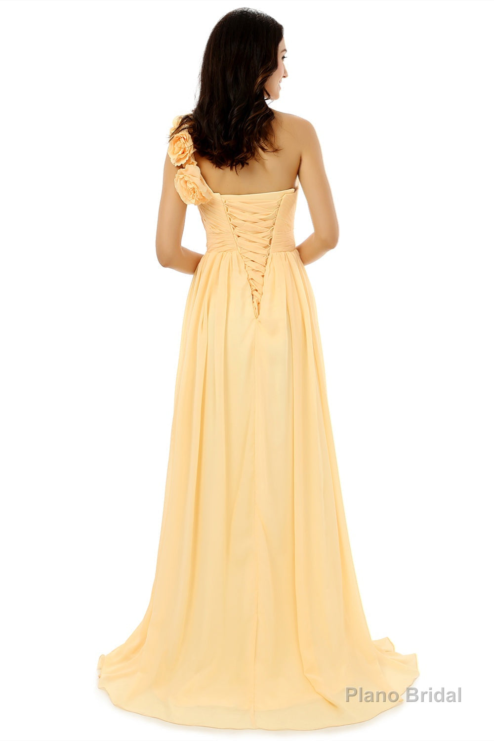 Yellow One Shoulder Chiffon With Pleats Flower Bridesmaid Dresses
