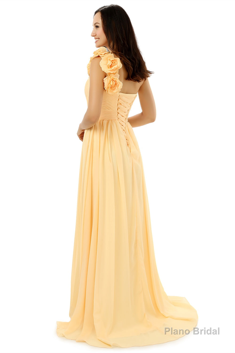 Yellow One Shoulder Chiffon With Pleats Flower Bridesmaid Dresses