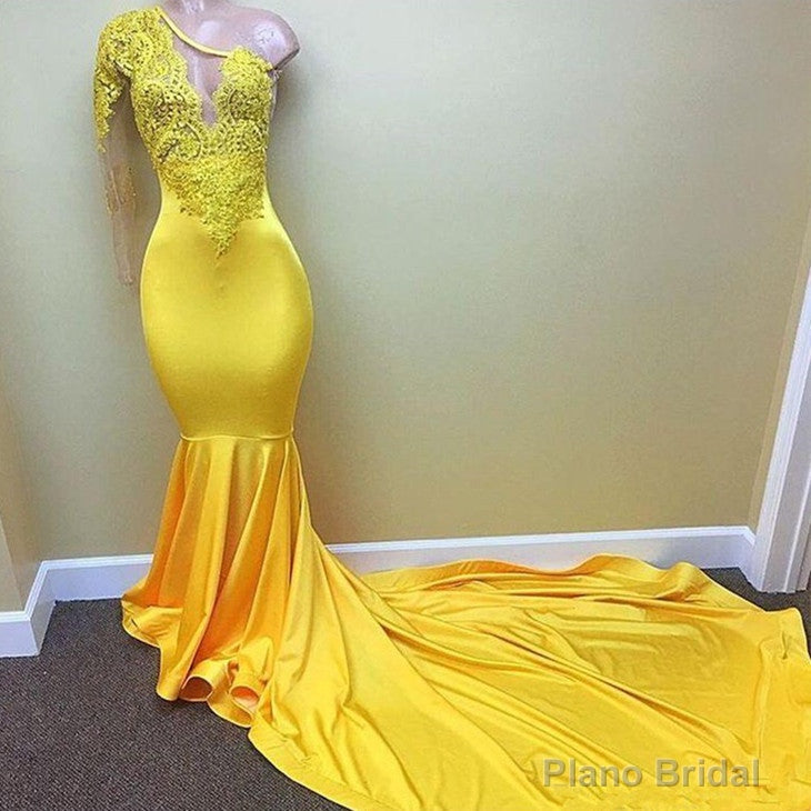 Yellow one shoulder mermaid prom dress, lace evening dresses Secondary image