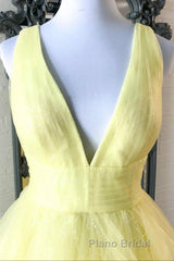 Yellow Prom Dress A Line Deep V Neck Light Long Party Evening Dress with Ruffles