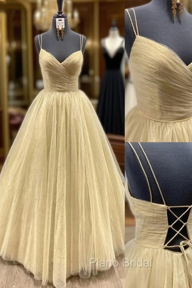 Yellow Formal Prom Dresses, V Neck Sleeveless Long/Floor-Length Tulle Ball Gown With Pleated Sequins