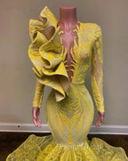Yellow Robe De Soiree Mermaid Long Sleeves Appliques Sequins Long Formal Prom Dresses Formal Prom Gown Evening Dresses