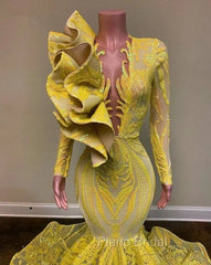 Yellow Robe De Soiree Mermaid Long Sleeves Appliques Sequins Long Formal Prom Dresses Formal Prom Gown Evening Dresses