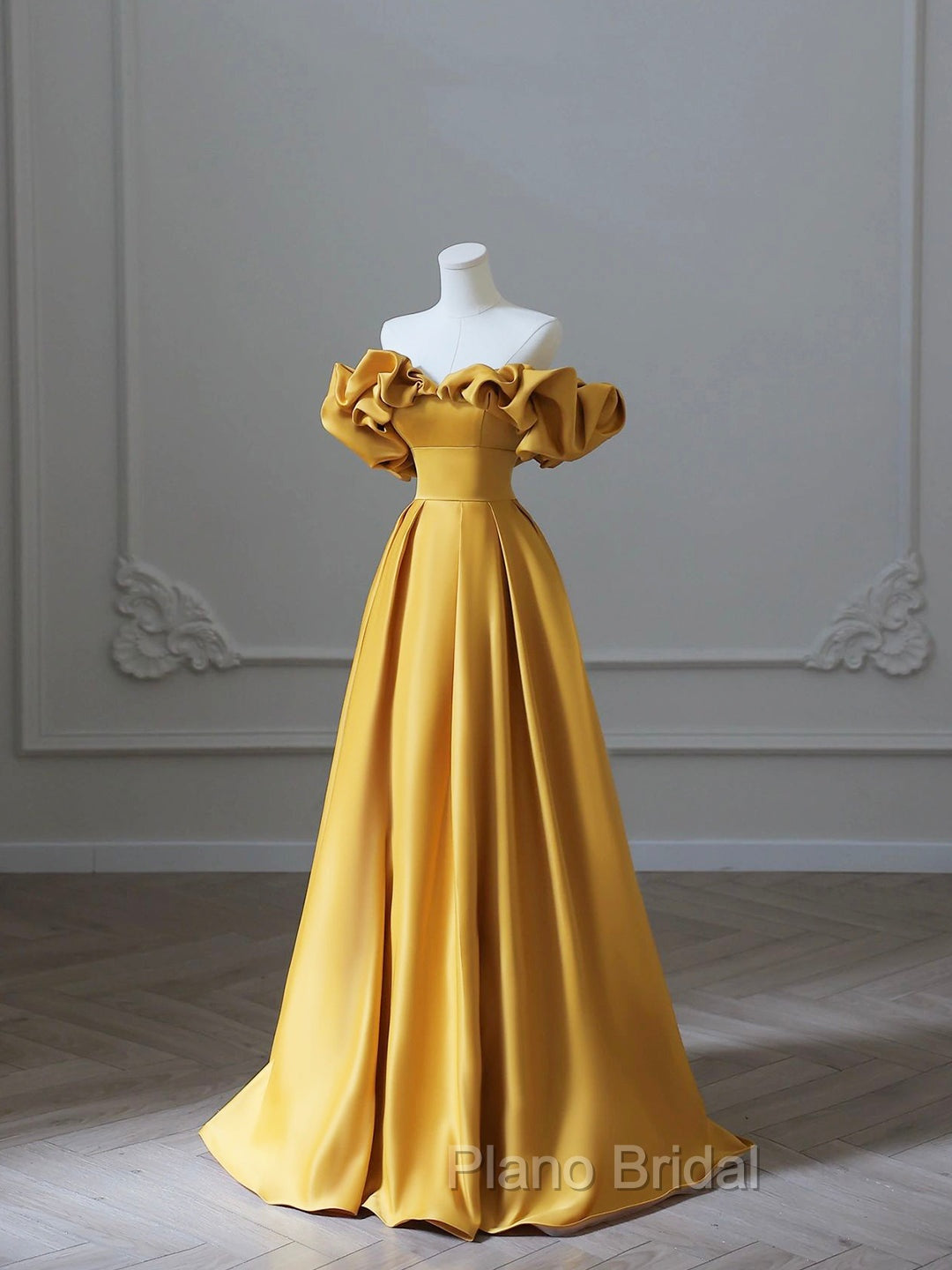 Yellow Saitn Long Formal Prom Dresses, Off Shoulder Evening Party Dresses Secondary image