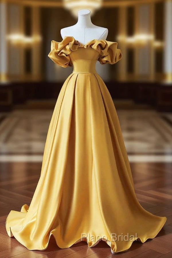 Yellow Saitn Long Formal Prom Dresses, Off Shoulder Evening Party Dresses Main image