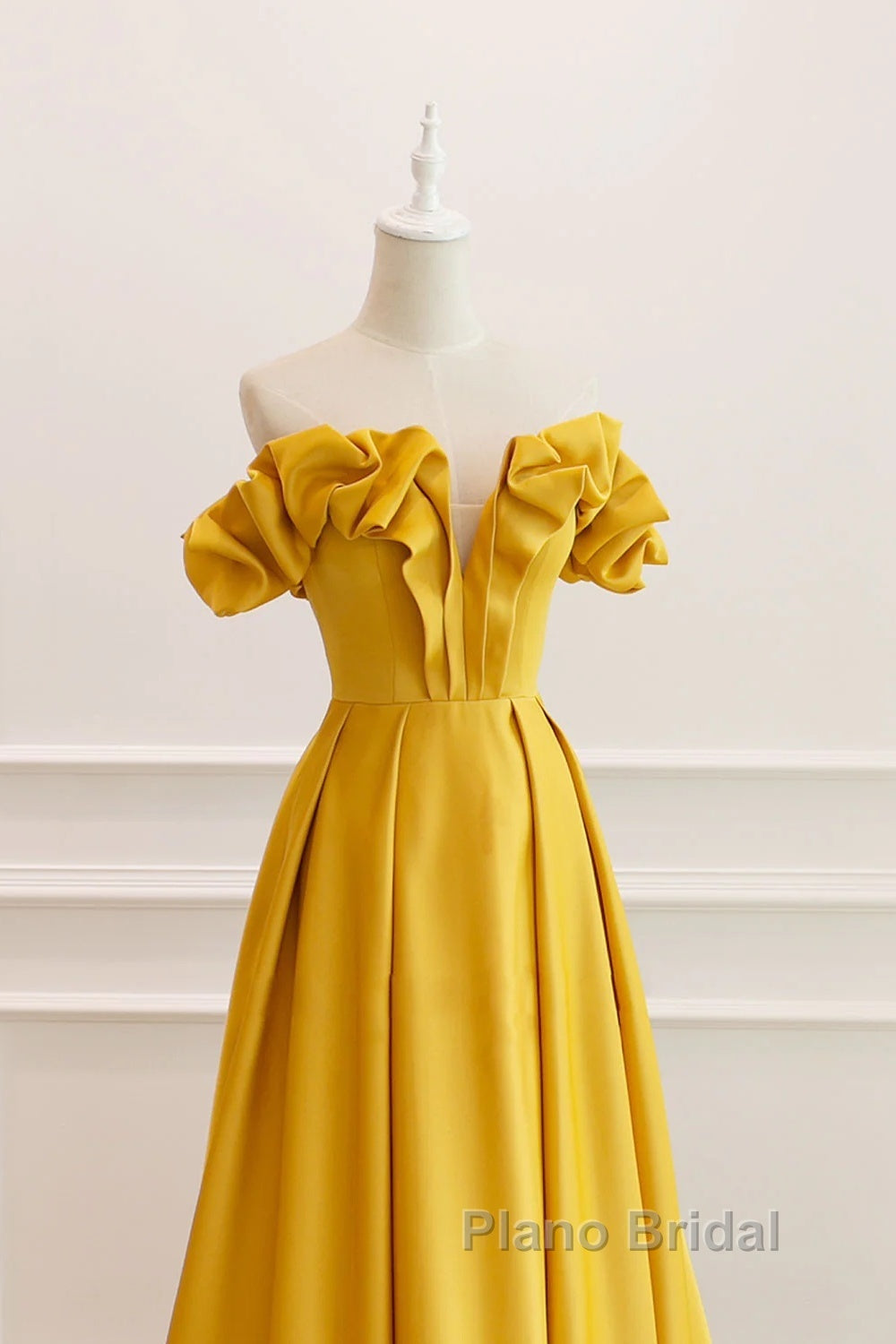 Yellow Satin A-Line Sweetheart Off Shoulder Party Dresses, Yellow Long Formal Prom Dresses Secondary image