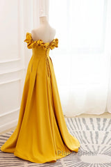 Yellow Satin A-Line Sweetheart Off Shoulder Party Dresses, Yellow Long Formal Prom Dresses