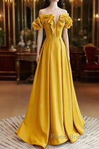 Yellow Satin A-Line Sweetheart Off Shoulder Party Dresses, Yellow Long Formal Prom Dresses