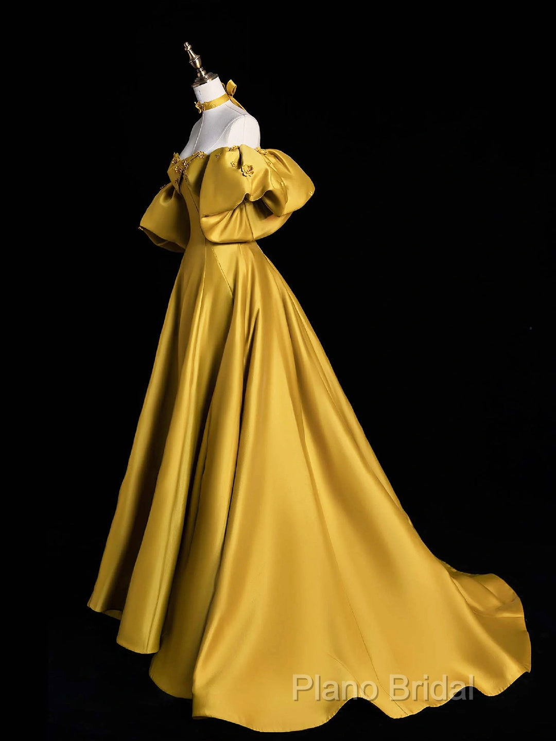 Yellow Satin Long Formal Prom Dresses, Off The Shoulder A-Line Formal Party Dresses Secondary image