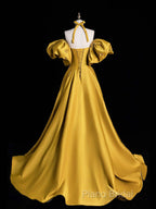 Yellow Satin Long Formal Prom Dresses, Off The Shoulder A-Line Formal Party Dresses