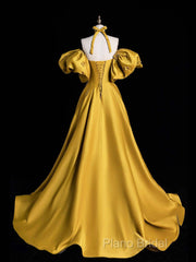Yellow Satin Long Formal Prom Dresses, Off The Shoulder A-Line Formal Party Dresses