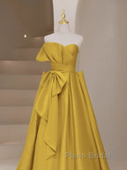 Yellow Satin Long Formal Prom Dresses, Yellow Evening Dresses