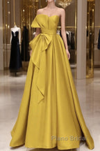 Yellow Satin Long Formal Prom Dresses, Yellow Evening Dresses