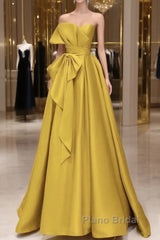 Yellow Satin Long Formal Prom Dresses, Yellow Evening Dresses