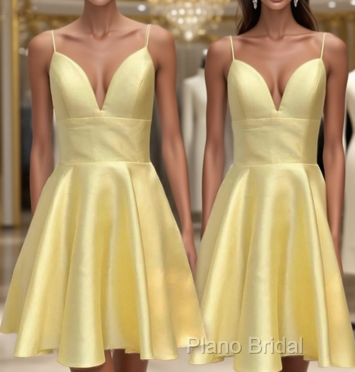 Yellow Satin Short Graduation Formal Prom Dresses ,Spaghetti Straps Homecoming Dresses Main image