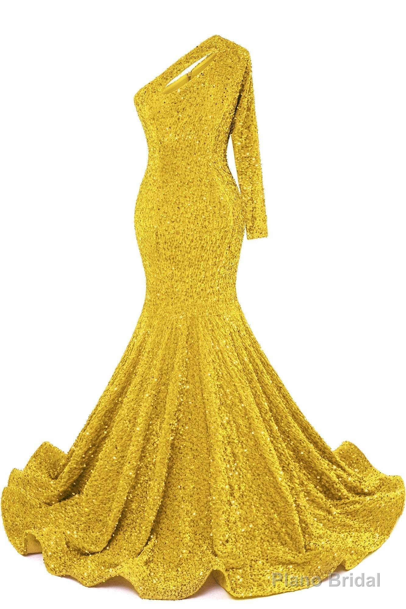 Yellow Sequins Mermaid Prom Dresses One Shoulder Evening Dresses Floor Length Wedding Party Gowns Main image