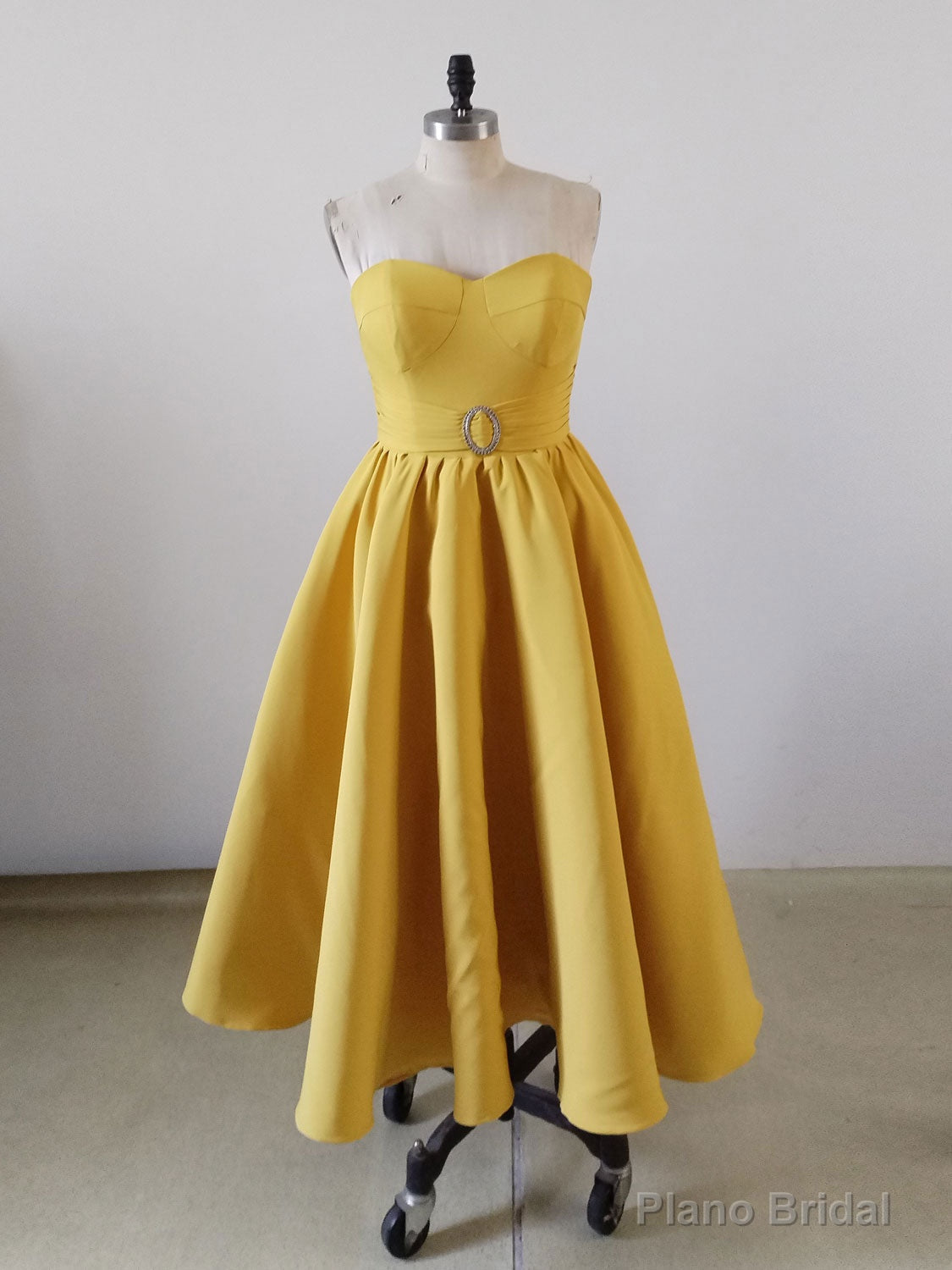 Yellow Sweetheart Neck Satin Tea Length Prom Dress, Yellow Formal Dress Main image