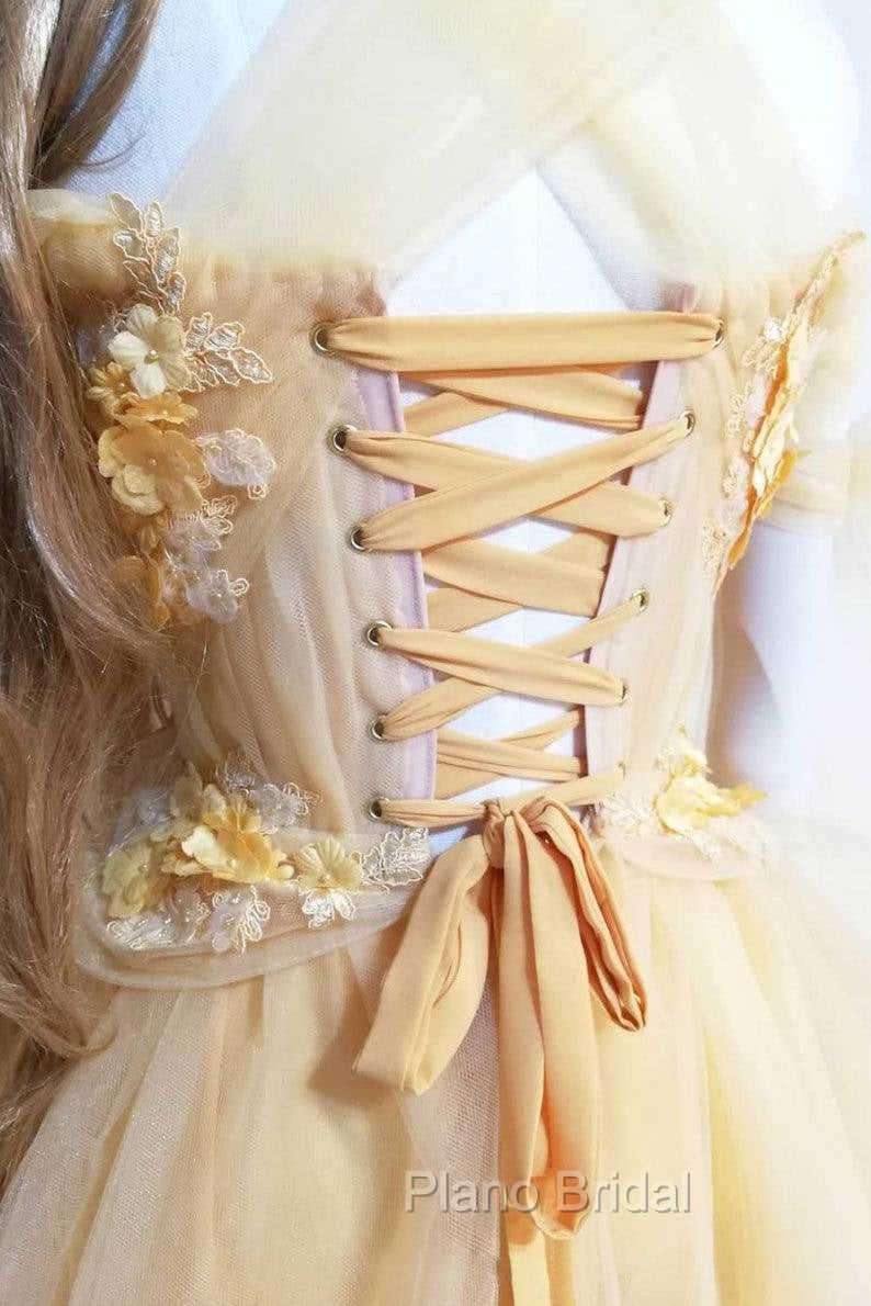 Yellow Sweetheart Tulle Lace Long Formal Prom Dresses Yellow Formal Dresses