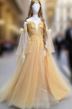 Yellow Sweetheart Tulle Lace Long Formal Prom Dresses Yellow Formal Dresses