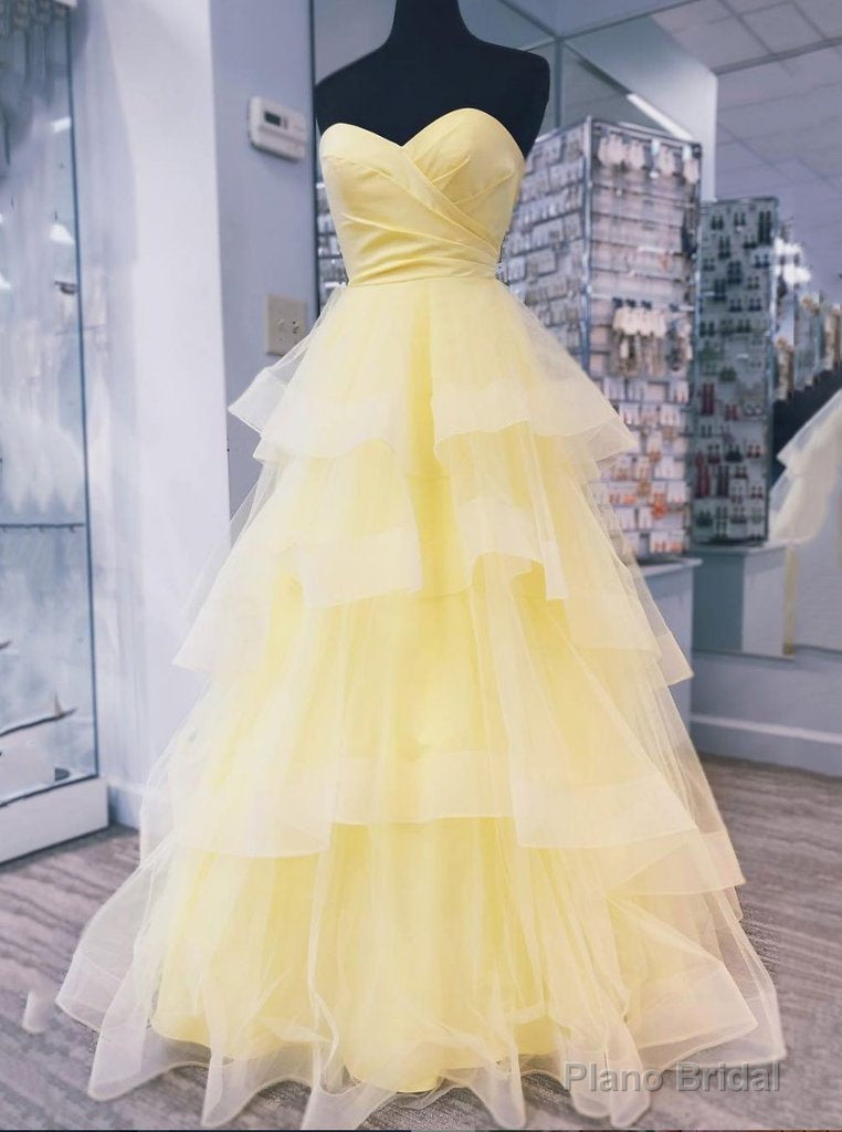 Yellow Sweetheart Tulle Long Prom Dress With Layered Graduation Gown Main image