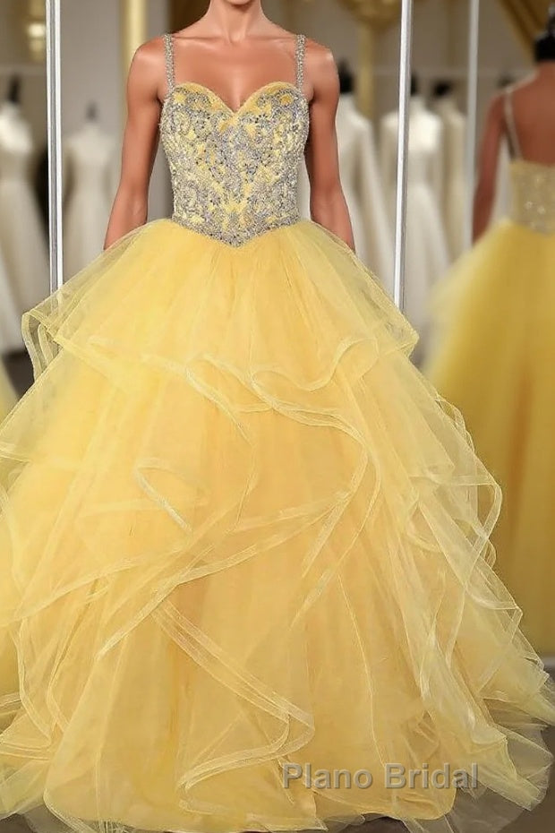 Yellow sweetheart tulle sequin long Formal Prom dress, yellow evening dress Main image