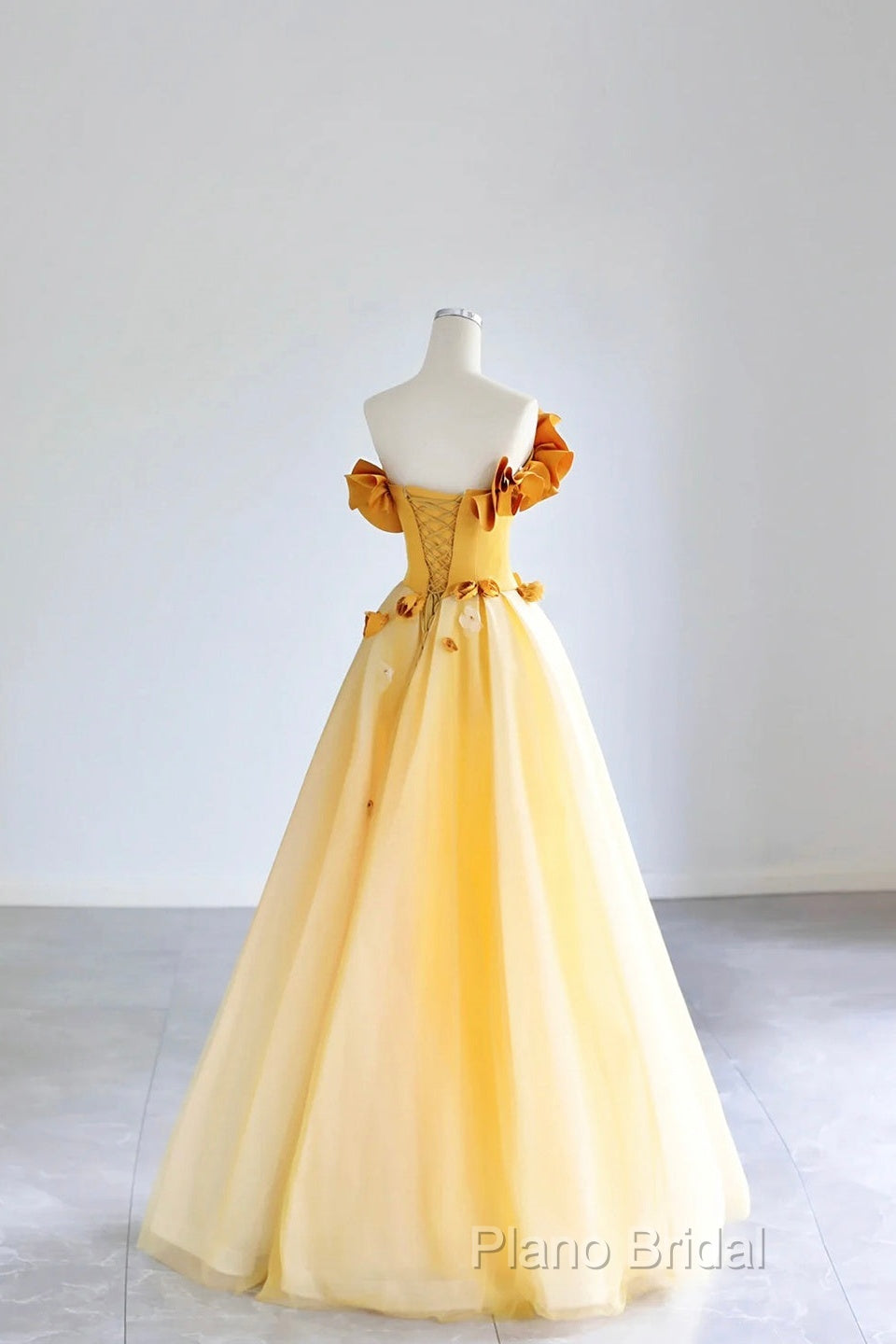 Yellow Tulle Applique Long Formal Prom Dresses, Off The Shoulder Sleeveless Backless Long Formal Dresses