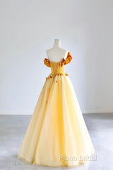 Yellow Tulle Applique Long Formal Prom Dresses, Off The Shoulder Sleeveless Backless Long Formal Dresses