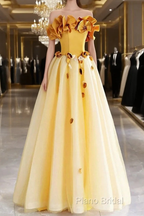 Yellow Tulle Applique Long Formal Prom Dresses, Off The Shoulder Sleeveless Backless Long Formal Dresses Main image