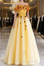 Yellow Tulle Applique Long Formal Prom Dresses, Off The Shoulder Sleeveless Backless Long Formal Dresses
