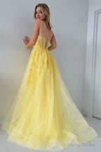 Yellow Tulle Appliques Lace-Up A-Line Long Prom Dress