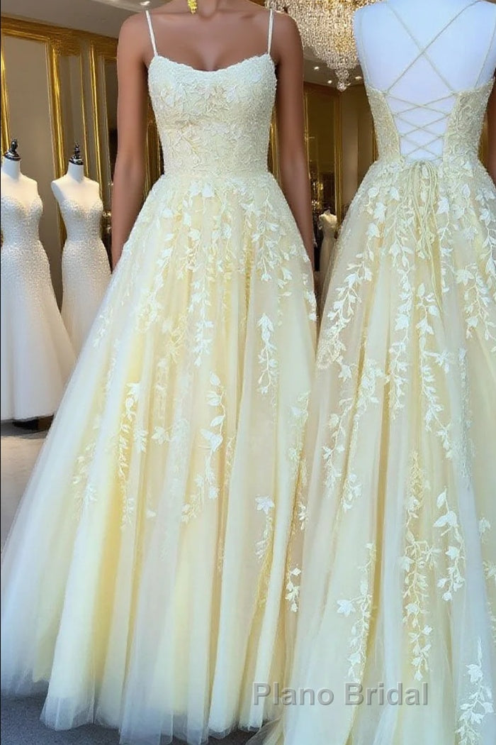Yellow tulle lace long Formal Prom dress, yellow tulle lace formal dress Main image