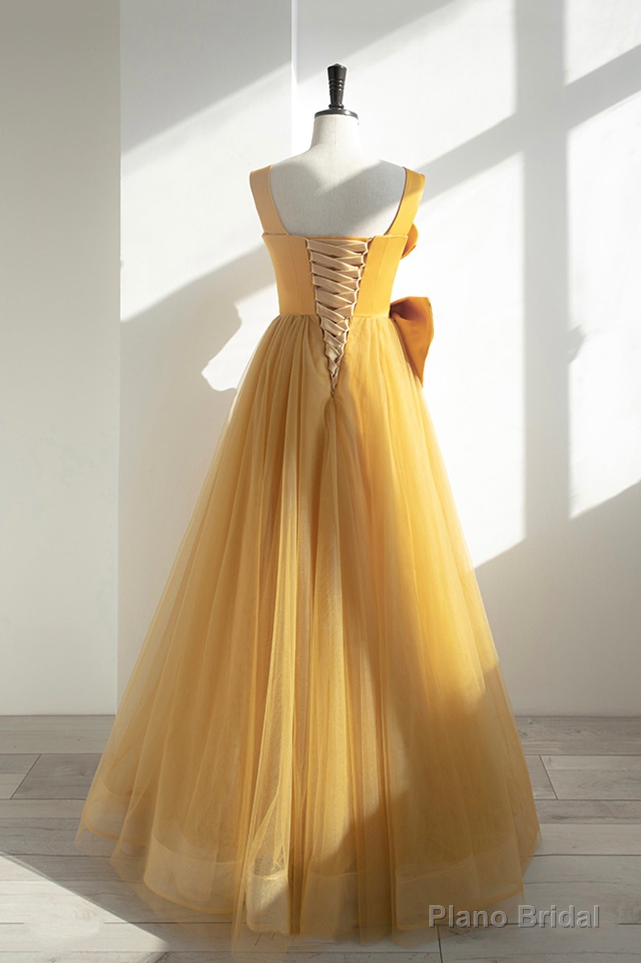 Yellow Tulle Long A-Line Prom Dress, Cute Evening Dress with Bow Secondary image