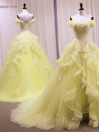 Yellow Tulle With Lace Sweetheart Long Formal Dresses, Yellow Tulle Formal Prom Dresses