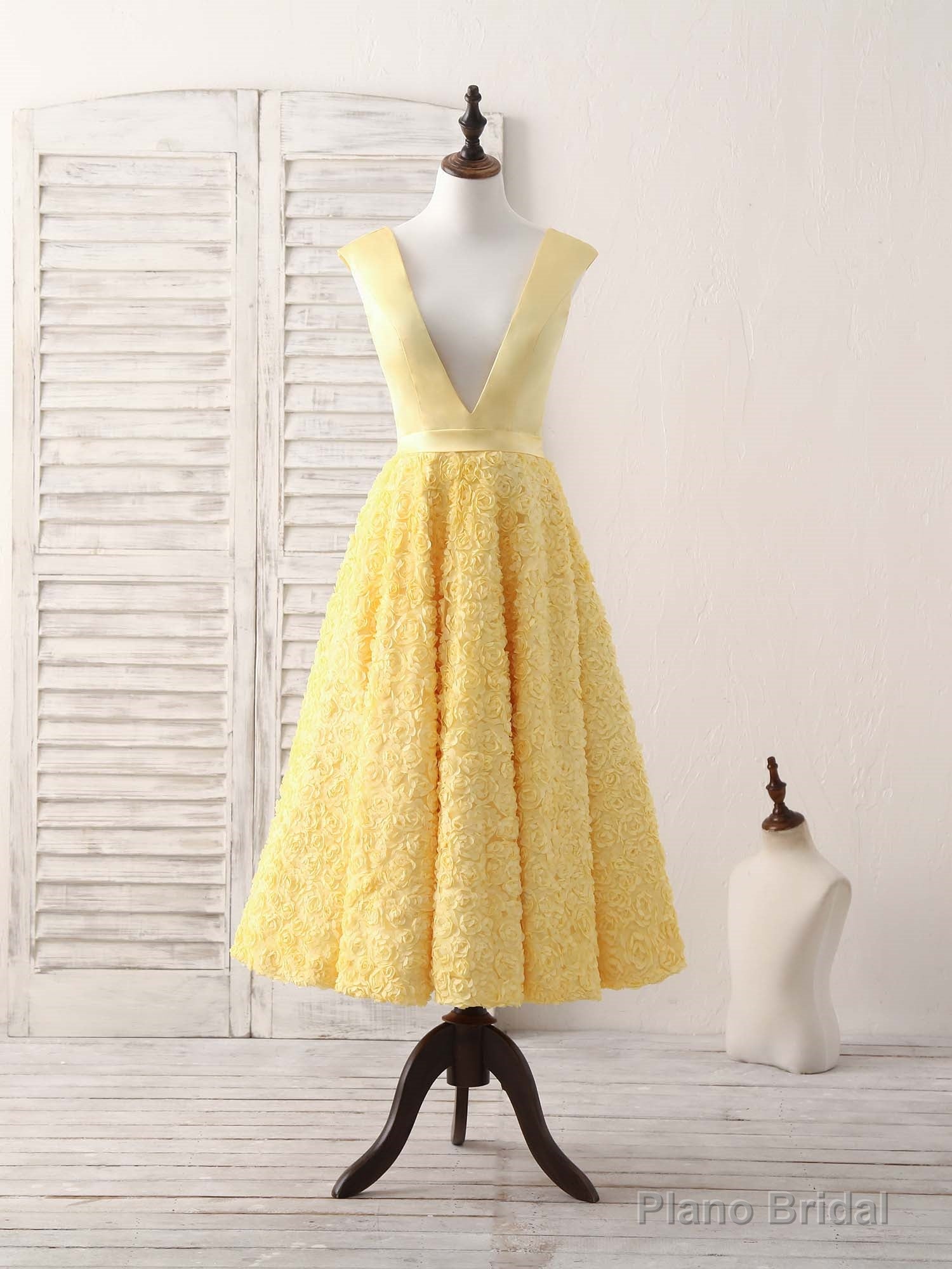 Yellow V Neck 3D Lace Tea Long Prom Dress, Yellow Evening Dress Main image