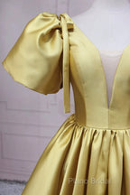 Yellow V-Neck Satin Long Formal Prom Dresses, A-Line Puff Sleeves Formal Party Dresses