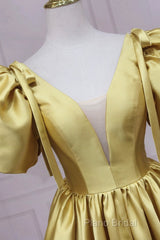 Yellow V-Neck Satin Long Formal Prom Dresses, A-Line Puff Sleeves Formal Party Dresses