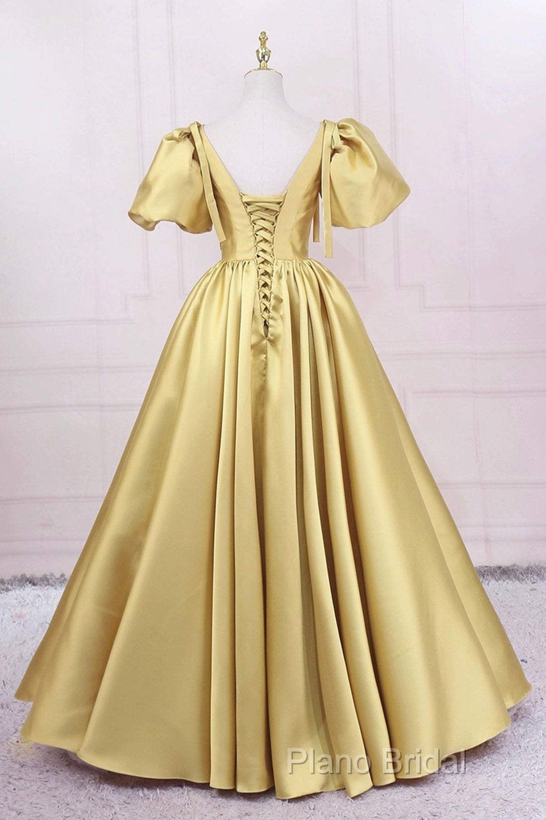 Yellow V-Neck Satin Long Formal Prom Dresses, A-Line Puff Sleeves Formal Party Dresses