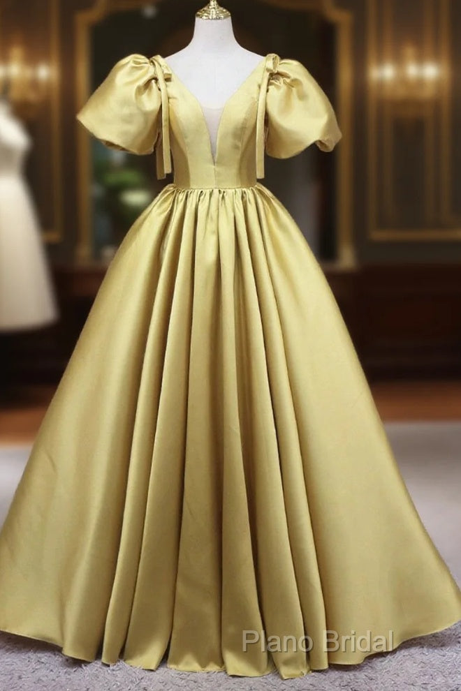 Yellow V-Neck Satin Long Formal Prom Dresses, A-Line Puff Sleeves Formal Party Dresses Main image