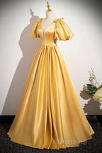 Yellow V-Neck Satin Long Formal Prom Dresses, Yellow A-Line Short Sleeve Formal Dresses