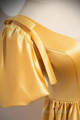 Yellow V-Neck Satin Long Formal Prom Dresses, Yellow A-Line Short Sleeve Formal Dresses