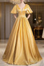 Yellow V-Neck Satin Long Formal Prom Dresses, Yellow A-Line Short Sleeve Formal Dresses